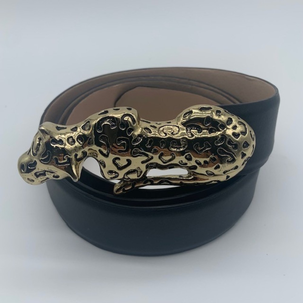 Chico's Gold Leopard Buckle Belt Leather Animal Statement Mob Wife Old Money 47"
